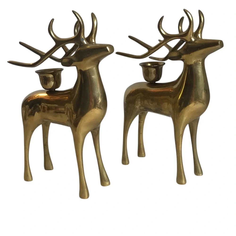 Pottery Barn Brass Reindeer Candle Holders 8” Vintage Christmas Taper Pair